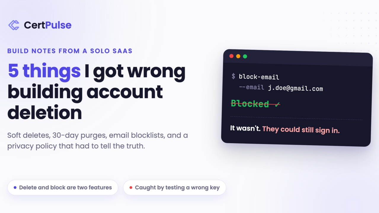 Cover: 5 things I got wrong building account deletion, with a terminal reading Blocked, crossed out.