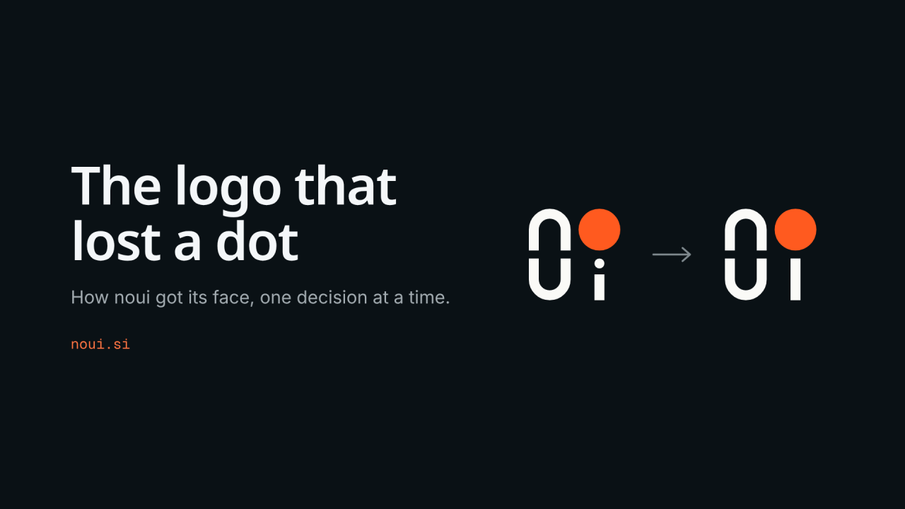 The noui mark before and after: the i loses its dot and the orange o becomes it.
