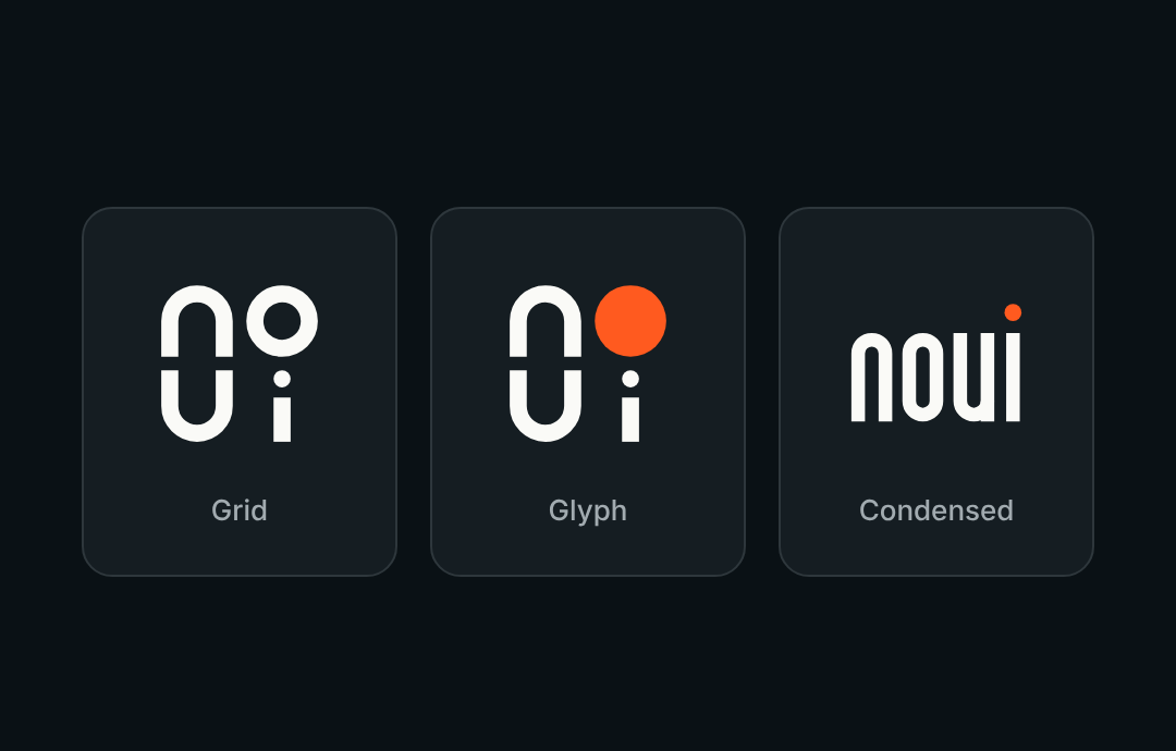 Three logo directions on dark tiles: Grid (n and o on top, u and i below, the o drawn as a ring), Glyph (the same, with the o as a solid orange disc) and Condensed (noui on one line in tall, narrow letters).