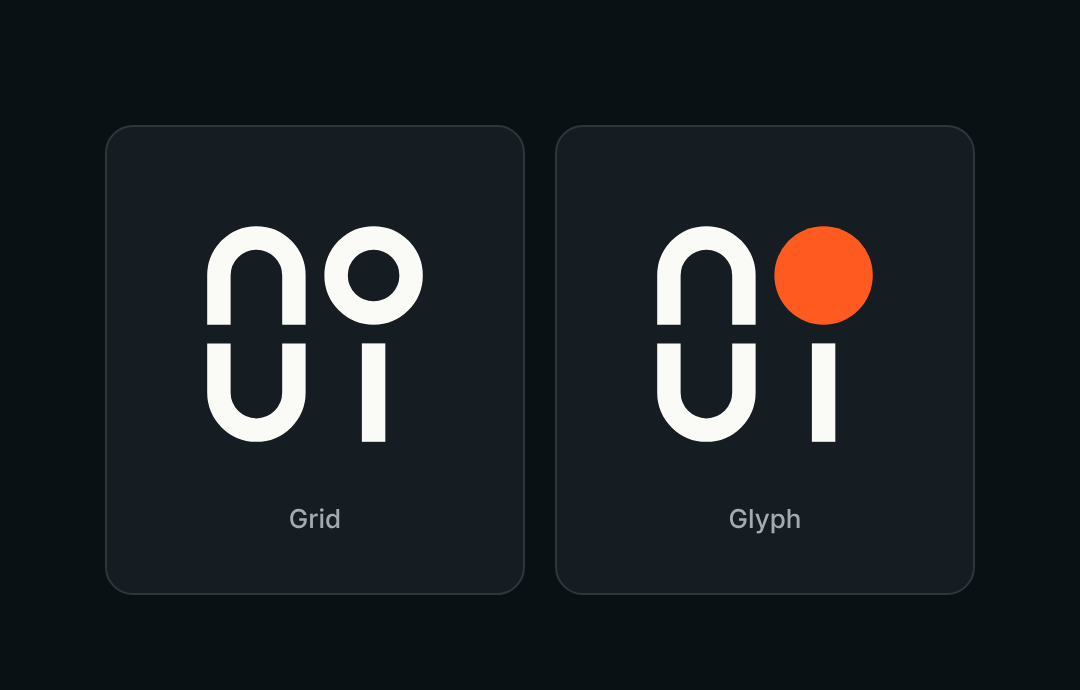 Grid and Glyph without the i's dot: the o sits directly above the i's stem and becomes its dot.