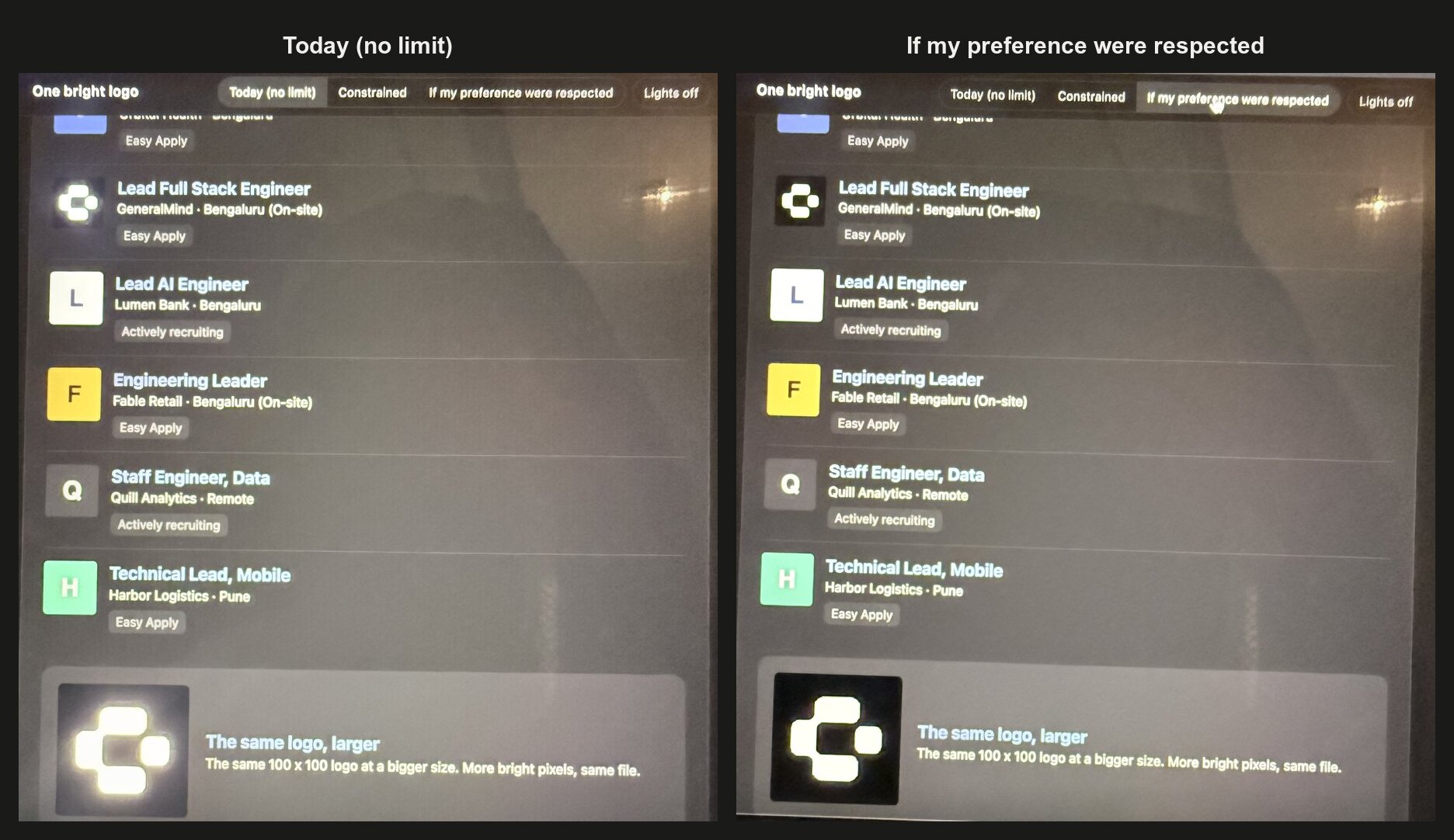 Two phone photos of an inbox: a logo glowing far brighter than the page, and the same logo with the brightness preference respected.